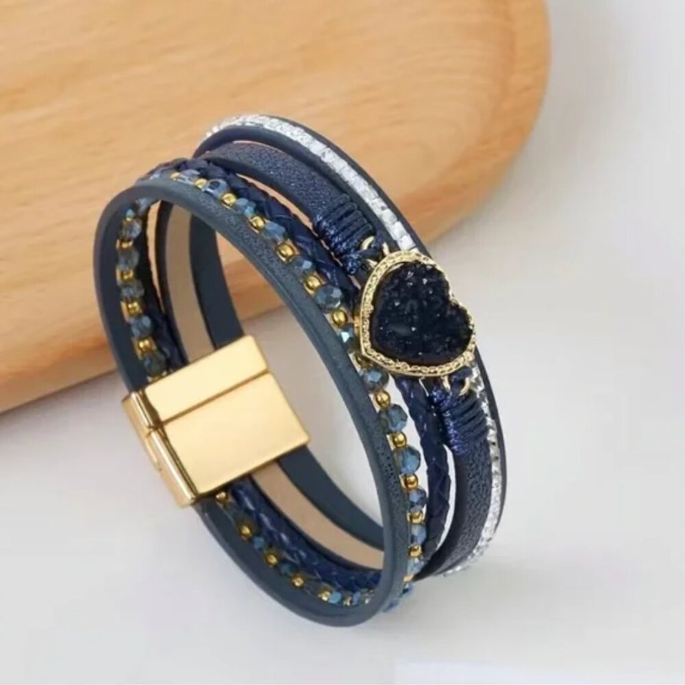 Leather Druzy Heart Wrap Bracelet in Navy